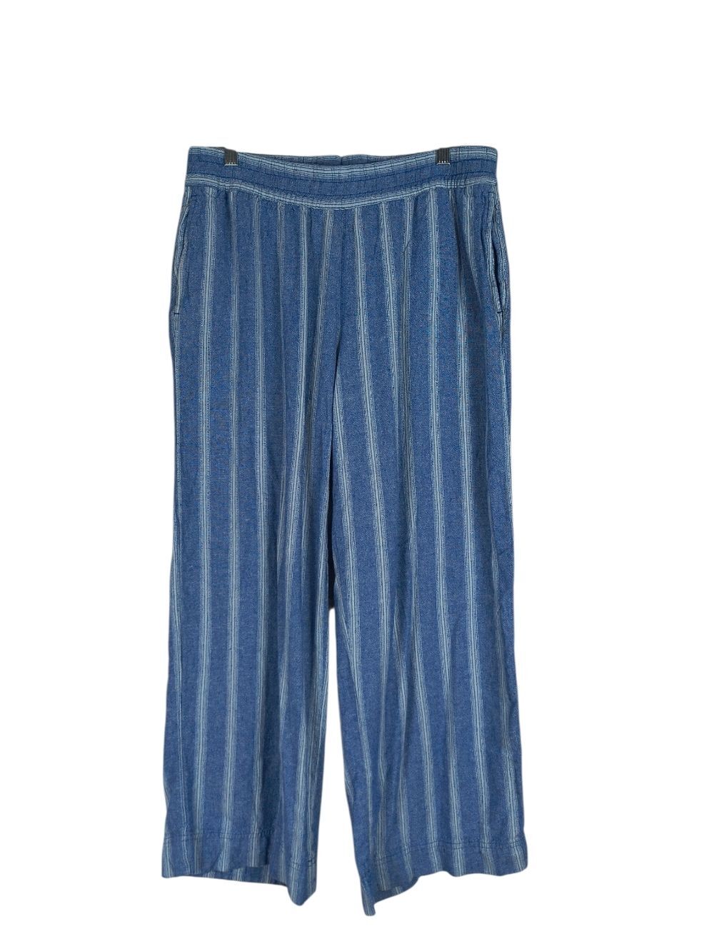 Old Navy Wide Leg Pants Women's L Blue Vertical Stripe High Rise Linen Blend